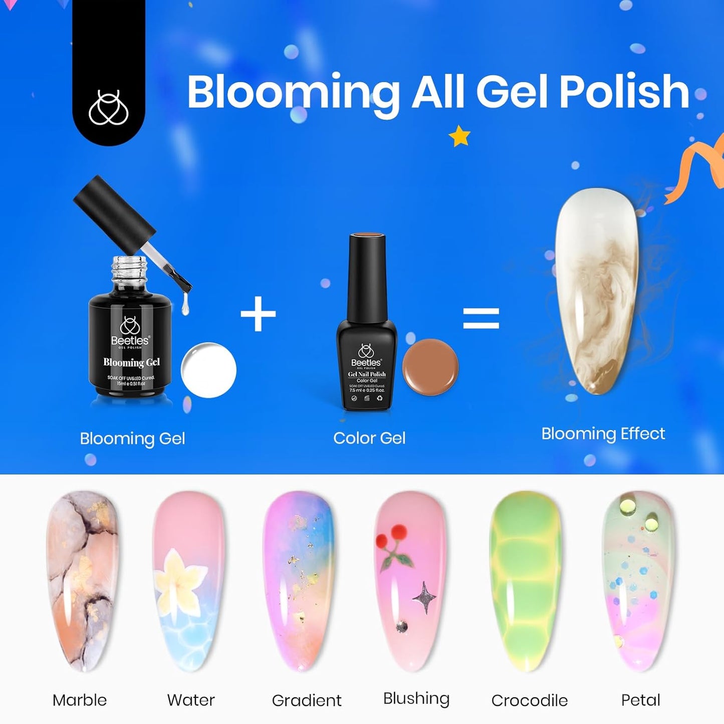 Beetles Blooming Gel & Base Top Coat Set, 3PCS 15ML Shine Finish Long Lasting No Wipe Top Coat Gel Nail Polish Base Spreading Marble Effect Soak off UV LED Nail Art Gifts for Women