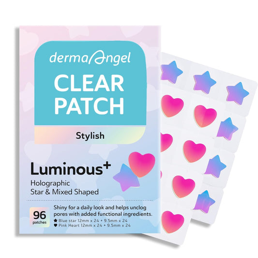 Star Pimple Patches for Face, Cute Acne Patches with Salicylic Acid, CICA & Tea Tree Oil, 96 Holographic Star Moon Heart Butterfly Patches, 7X Absorbency Pimple Patches for Teens (2 Designs, 36 Each)