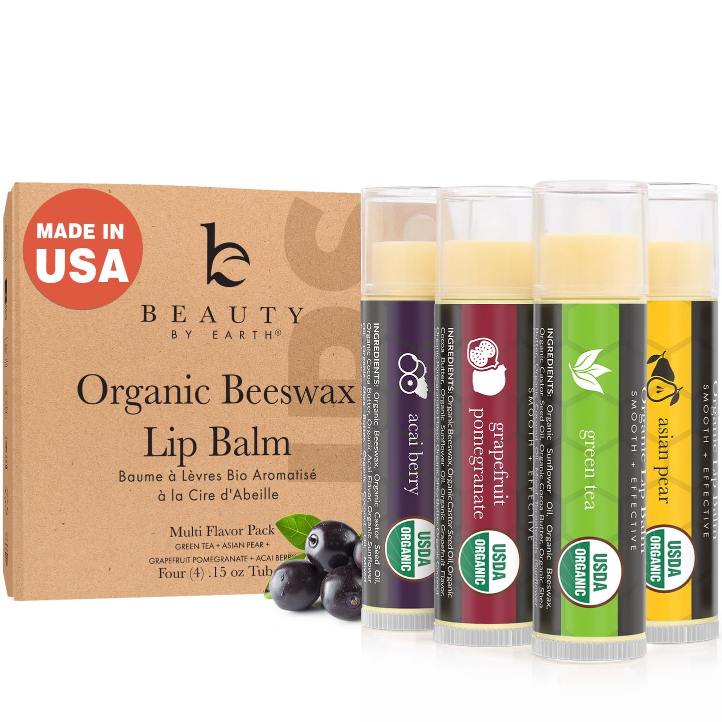 USDA Organic Lip Balm - USA Made with Natural Ingredients, 4 Pack Multi Flavor Lips Moisturizer, Moisturizing Lip Care, Beauty Gifts & Small Birthday Gifts, Moisturizer Chapstick Care for Dry Lips
