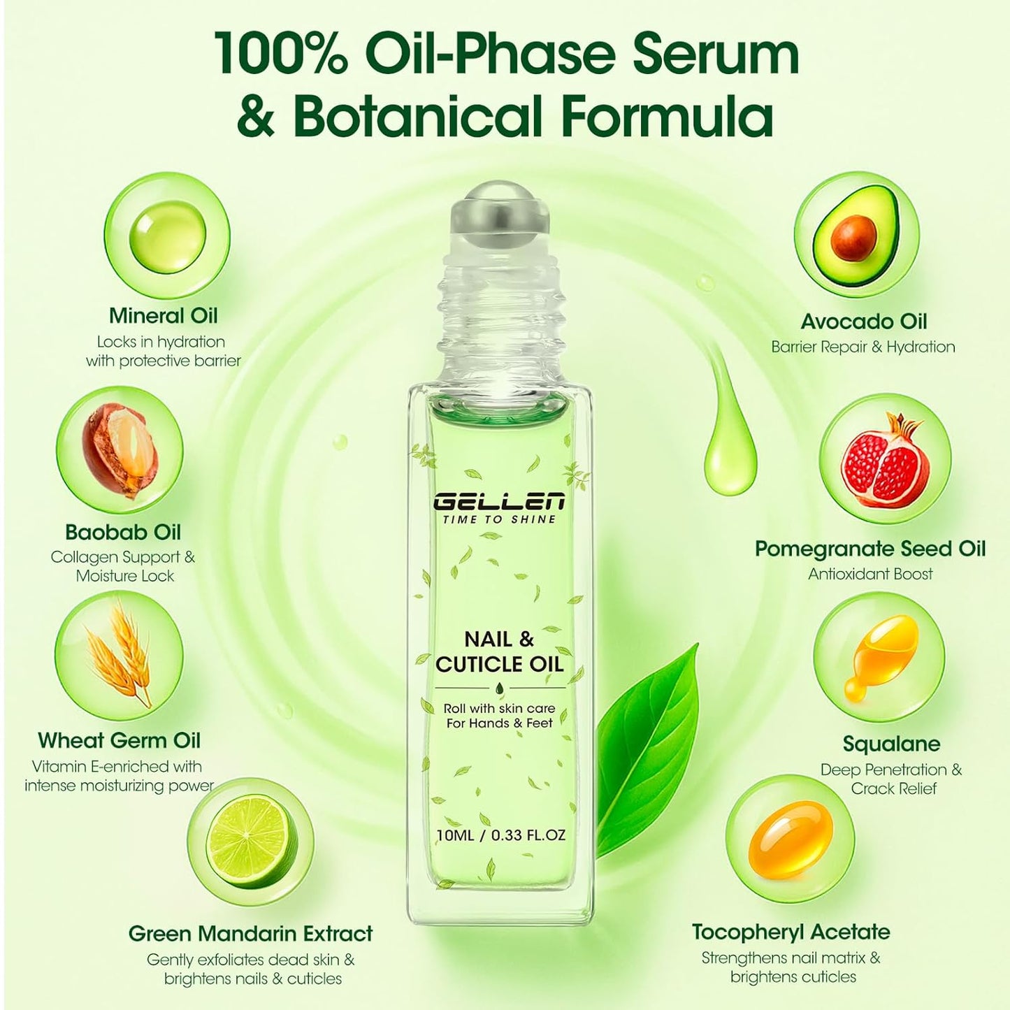Gellen Cuticle Oil, Roll-On Nail Growth Oil, Nail Oil for Nail Growth & Repair & Strength, Green Citrus Avocado Baobab Oils Vitamin E, Nail Care for Damaged Skin & Thin Nails, Soften & Nourish Cuticle