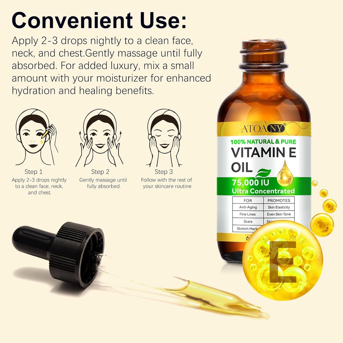 2 Pack Vitamin E Oil, 75,000 IU Organic Pure Vitamin E Oil for Tightening Plump Skin, Reduce Fine Lines & Scars, Moisturizing Skin, Face & Full Body