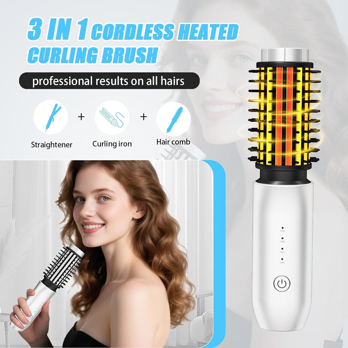 Cordless Curling Iron Brush,1.5-inch Mini Travel Curling Iron, 3-in-1 Portable Heated Round Straightening Brush, Rechargeable Curlings Irons, for Curls, Straightening, De-frizzing, and Styling, White