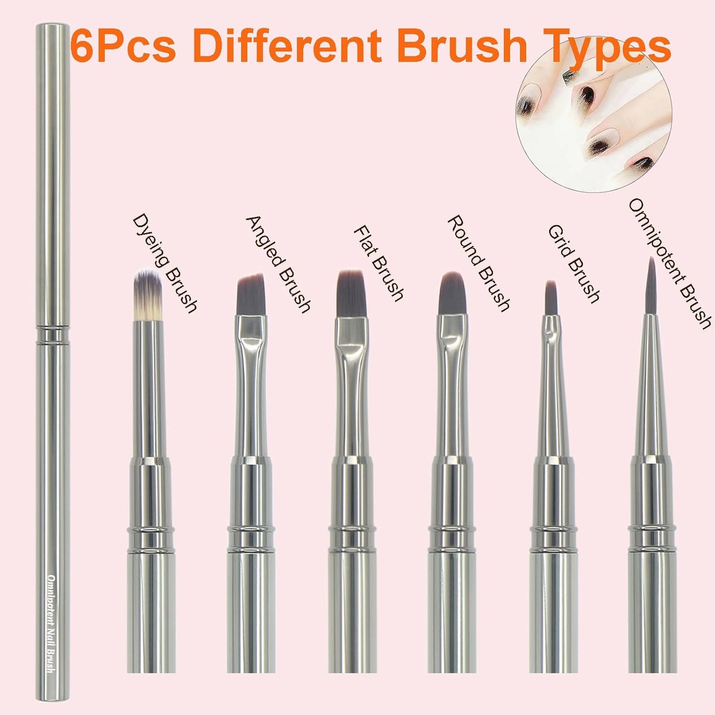 MYR 6pcs Nail Art Brushes and 2pcs Nano Nail Files, Metal Nail Art Tools, Acrylic Nail Brushes, Nail Brushes for Nail Art, suitable for Gel Dilution, Halo Dyeing, Watercolor and other Nail Design
