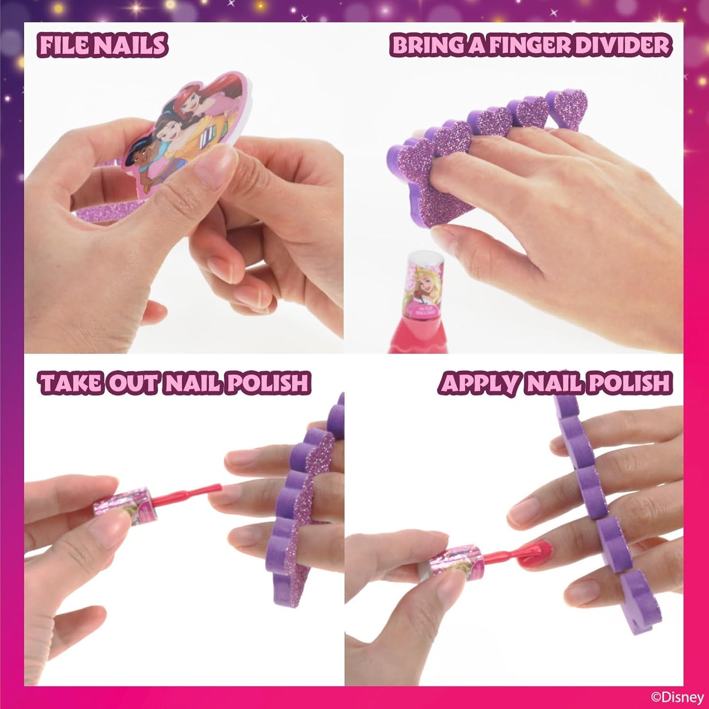 Disney Princess 15 Piece Water-Based Nail Polish with 3 Toe Spacers, Quick Dry, Peel Off, Gift Kit Set for Kids Girls, Ages 3 by Townley Girl