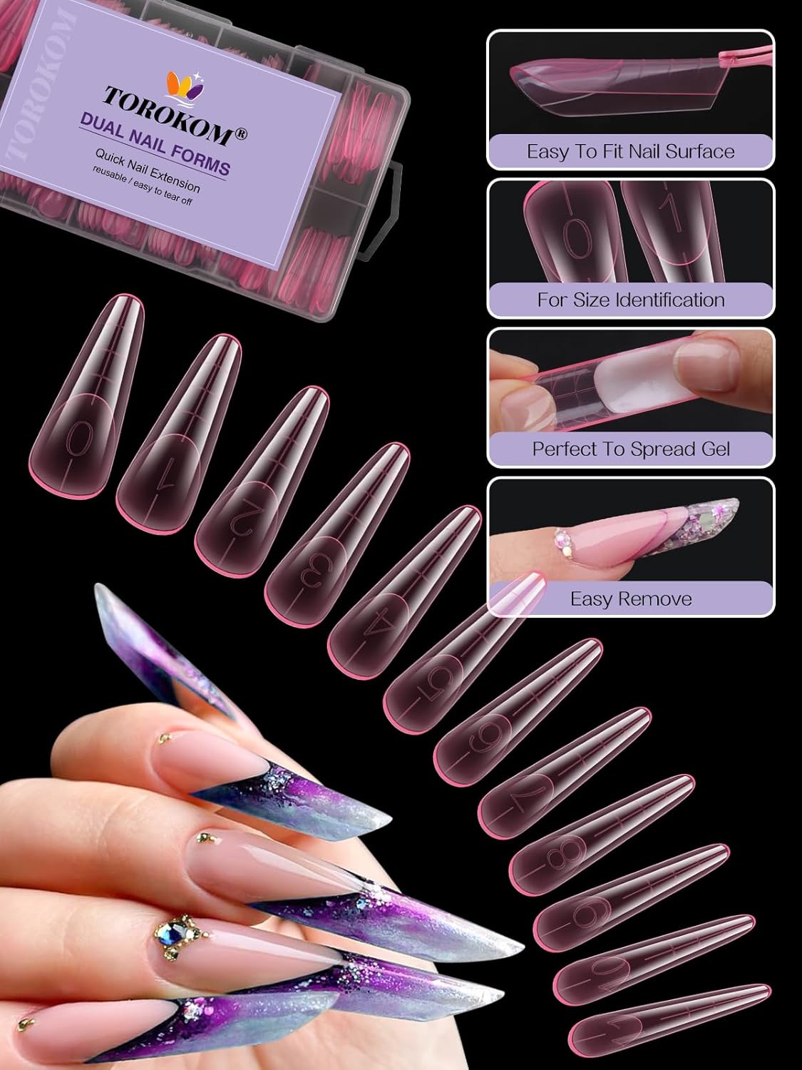 TOROKOM Poly Nail Gel Dual Nail Forms, 120 PCS Poly Nail Gel Stelitto Structure Nail Molds for Builder Gel Poly Extension Gel Nail Art Design Salon&DIY