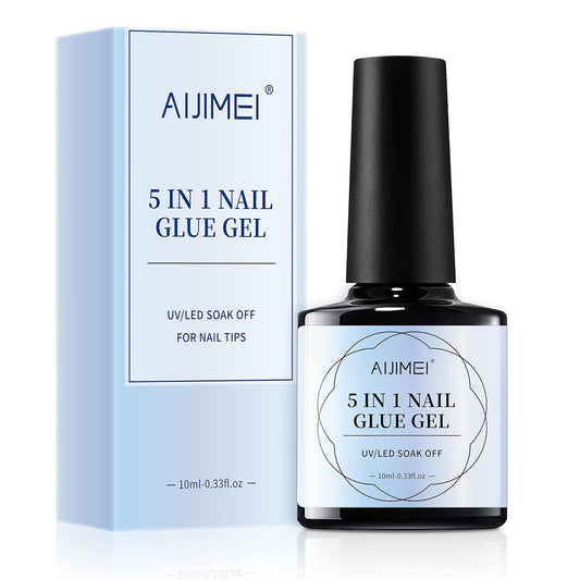 AIJIMEI 5 in 1 Nail Glue Gel False Nail Glues for Acrylic Nails Nail Tips Clear Press On Nail Gel Base Coat Top Coat Nail Extension Gel Adhesive Rhinestone Glue Nail Strengthener Required