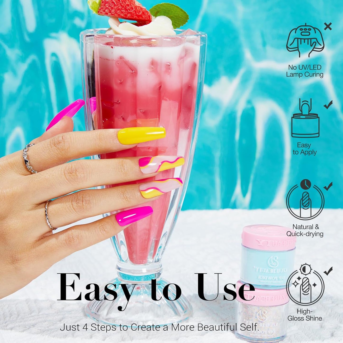 AZUREBEAUTY Dip Powder Nail Kit Starter, 4 Colors Pink Yellow Blue Glitter Dipping Powder Liquid Set Recycling Tray with Base & Top Coat Activator for French Fingernail Art Manicure Salon DIY at Home