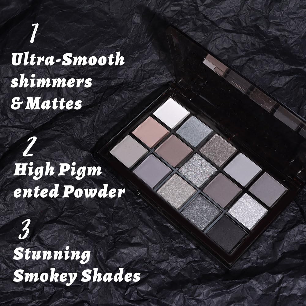 15 Colors Black Gray Silver Matte Shimmer Eyeshadow Palette for Eye Makeup,High Pigmented Brown White Eye Shadow Primers Powder Palet de sombras de ojos