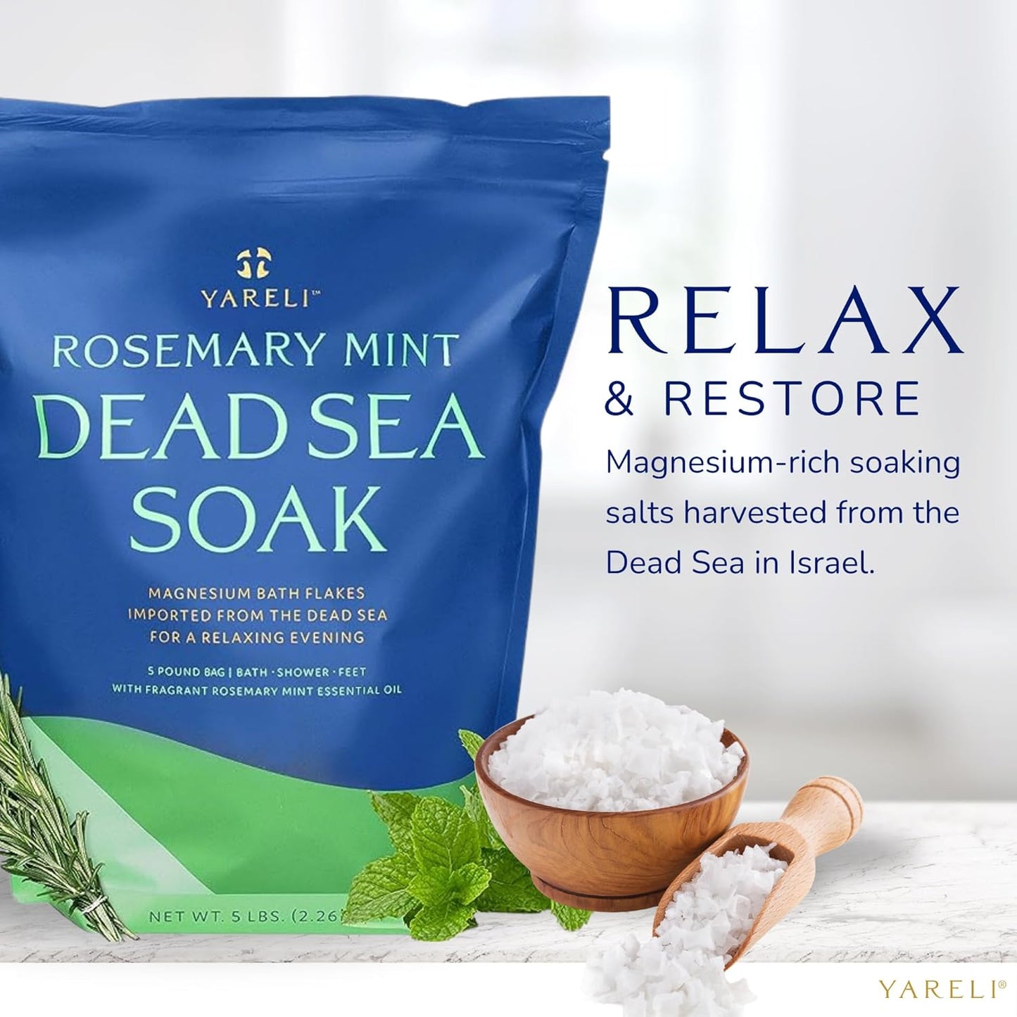 Magnesium Flakes, 5lb Rosemary Peppermint, Dead Sea Bath and Foot Soak, Alternative to Epsom Salt with Over 250,000mg of Magnesium Chloride Per Bag