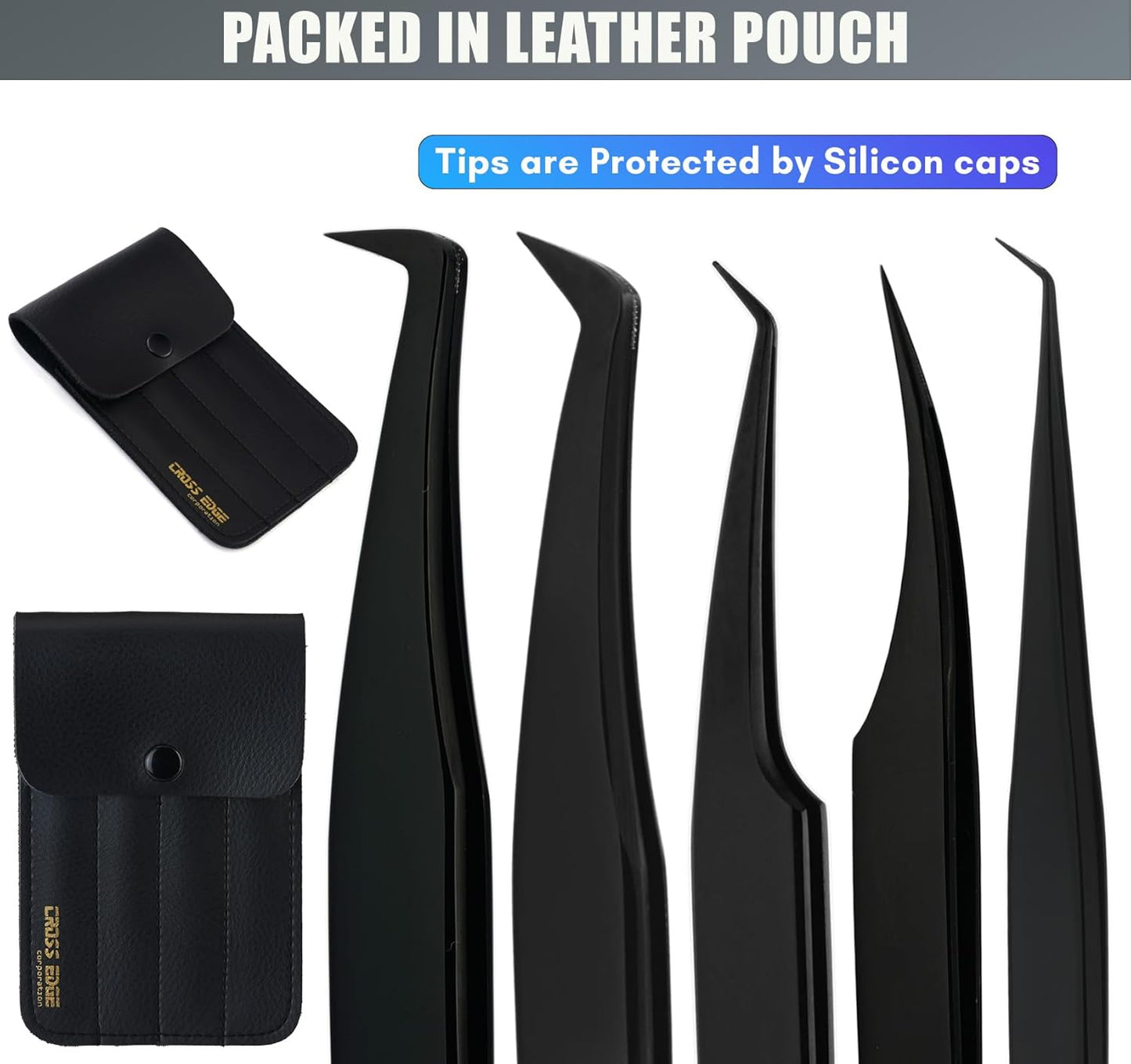 Fiber Tip Lash Tweezers for Lash Extensions Precision Boot Volume Eyelash Extensions Tweezers Japanese Steel Curved Isolation Tweezer Set Fiber grip tweezers pinzas para (5pcs, Black)