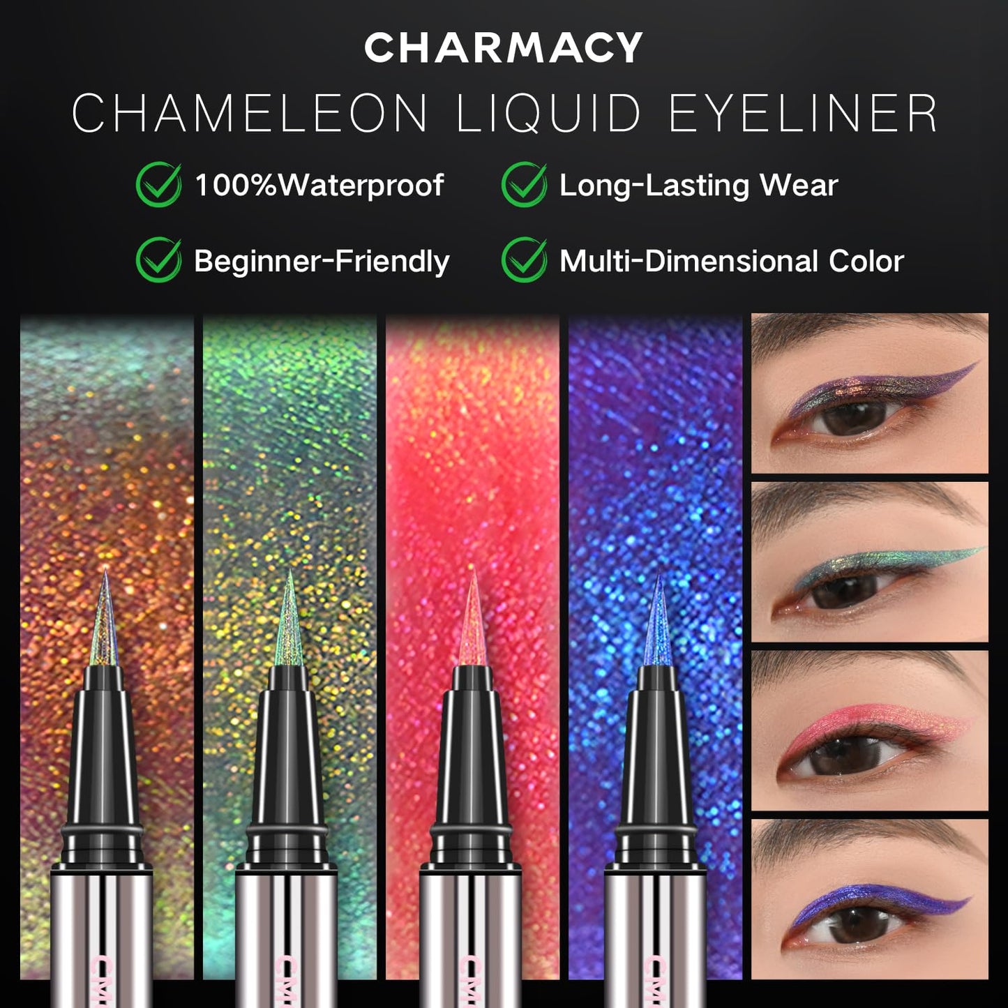 CHARMACY New Chameleon Liquid Eyeliner, Liquid Glitter Eyeliner, Highly Pigmented, Metallic MultiColor Shifting waterproof Eyeliner, Ultra-Fine Tip, Longwearing, Smudge-proof (A01 Blush Aurora)
