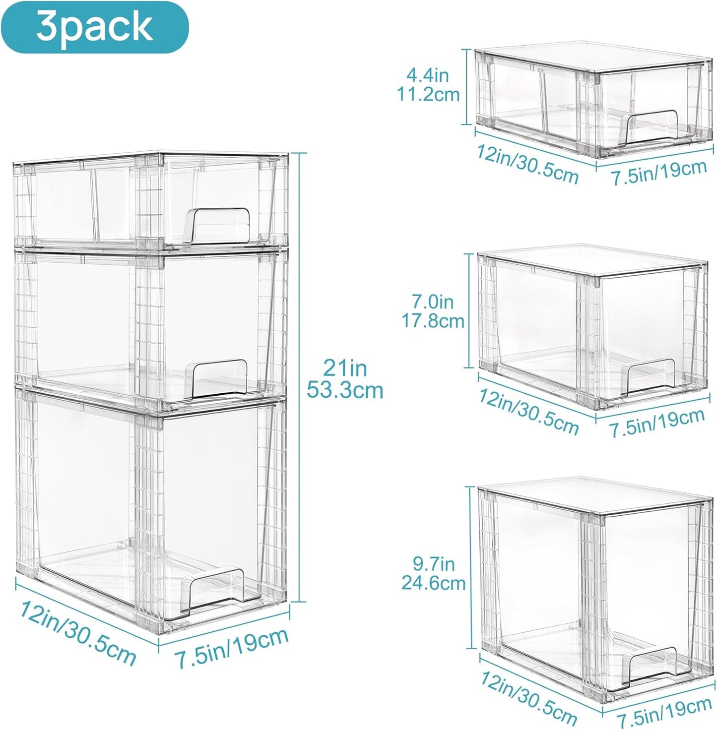 Vtopmart 3 Pack Clear Stackable Storage Drawers,Easy to Assemble Bathroom Organizers and Storage with handles,Plastic Drawers for Kitchen Pantry,Cabinet,Under Sink Organization