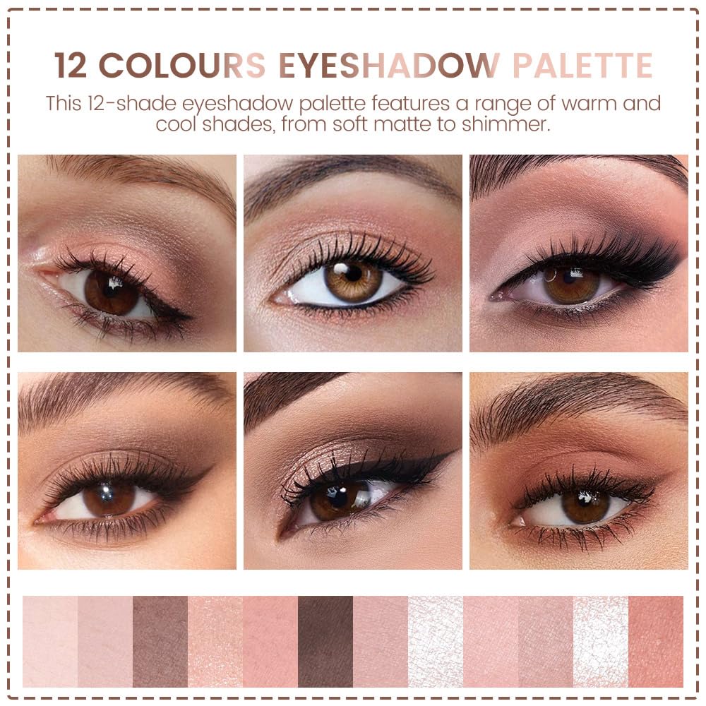 AMY'S DIARY 12 Colors Nude Eyeshadow Palette – Matte & Shimmer Natural Warm Tones for Everyday Makeup – Long-Lasting Blendable Soft Pigment Eye Shadow Set for Brown Eyes