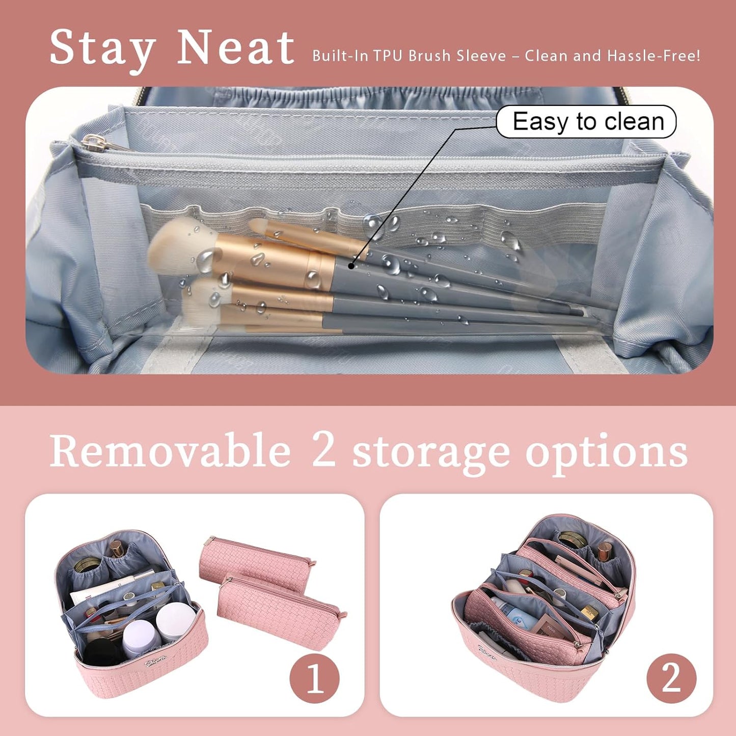 BOYATU Travel Makeup Bags for Women: 3 Set Make up Bags with Compartments - Large Cosmetic Bag - Vegan Leather Makeup Organizer for Traveling (L17 Pink)