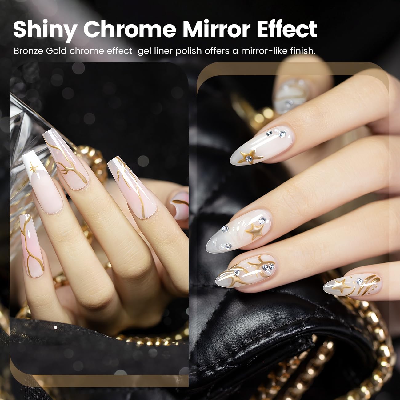 RARJSM Nail Art Gel Liner Metallic Bronze Gold and White 2pcs Set Mirror Chrome 3D Effect Gel Nail Polish 8ml Build in Thin Brush Swirl Drawing Stripper Gelpolish Curing Requires for Home Salon