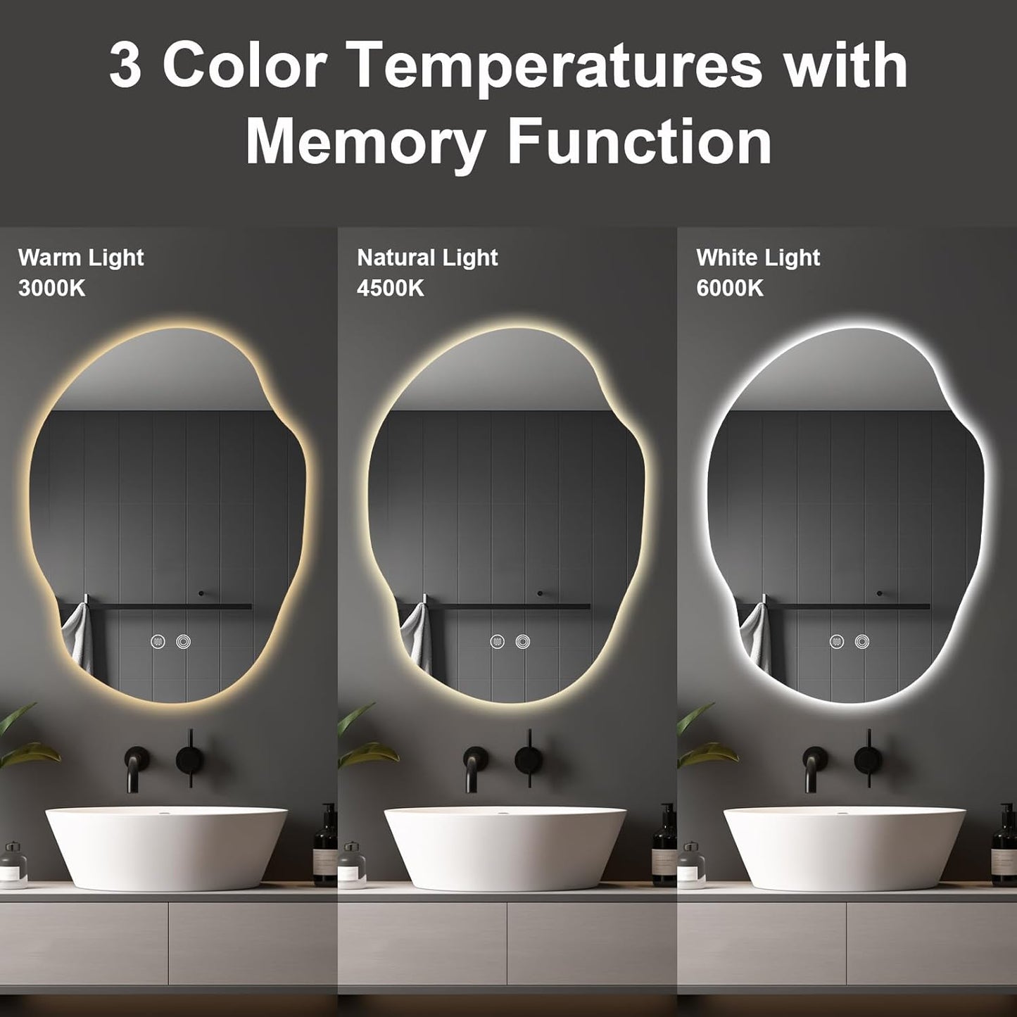 Irregular LED Bathroom Mirror with Lights,Asymmetrical Led Bathroom Vanity Mirror for Wall with Front and Backlit, Anti Fog, 3 Colors and Dimmable Light,[Horizontal/Vertical] 30" H x 22" W