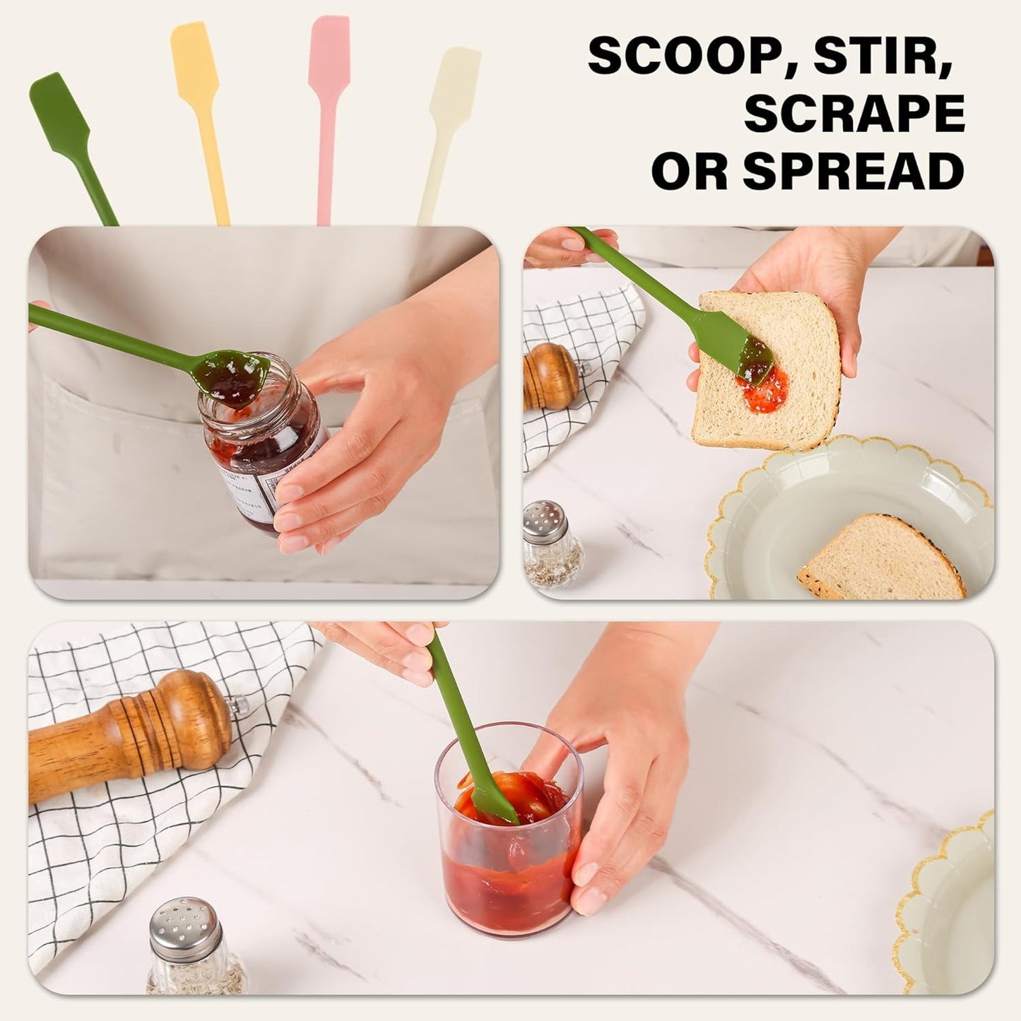 Silicone Jar Scraper Set of 4, Double-Headed, 10.2-Inch, Mini Spatula & Spoon for Jam Jars & Makeup