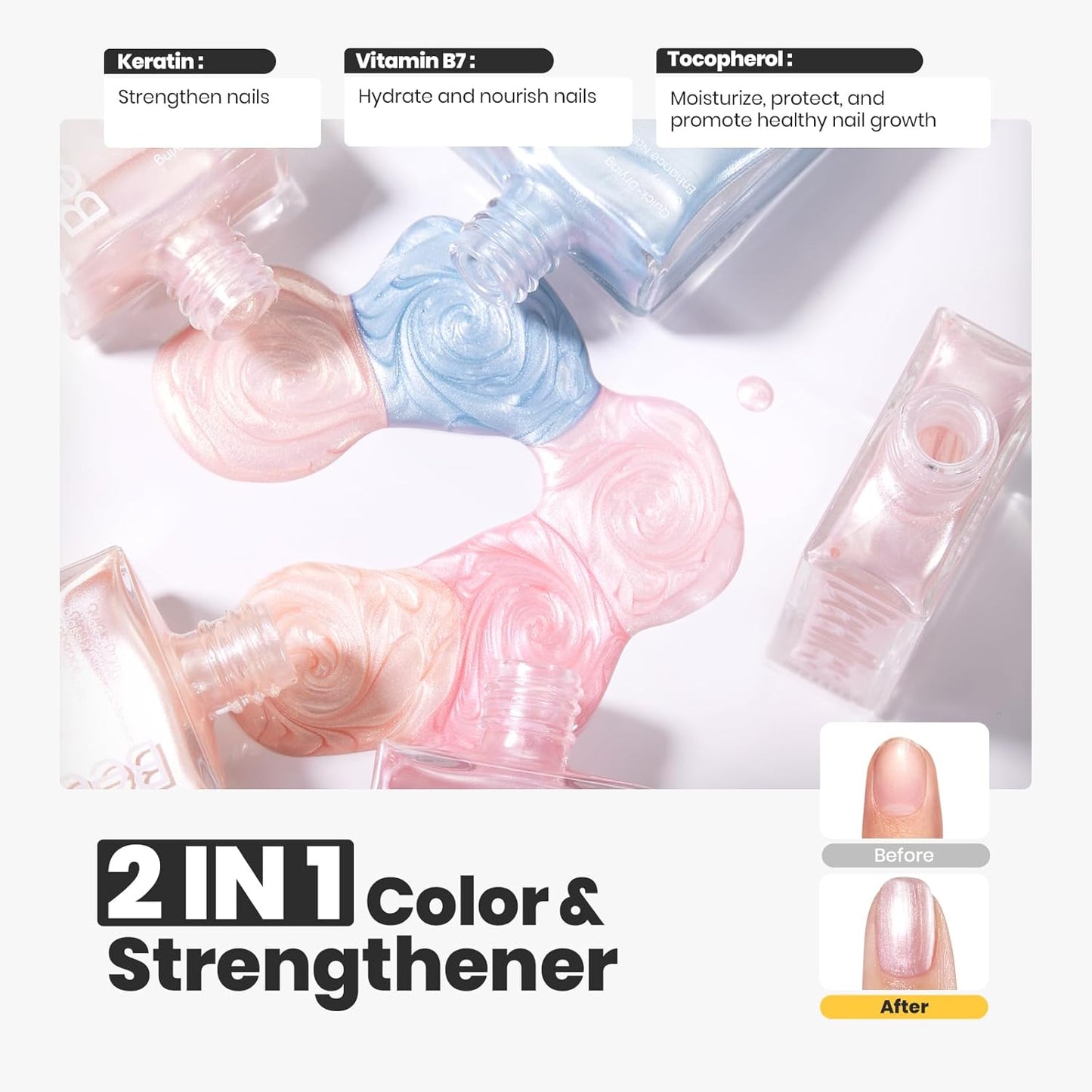 Beetles Pearl Nail Polish Set 7Pcs, Nude Pink Frosty Blue Beige Quick-drying Nail Polish Kit, with 2 IN 1 Base & Top Coat and Cuticle Serum 20ml All-in-One Care Nails Gift Sets