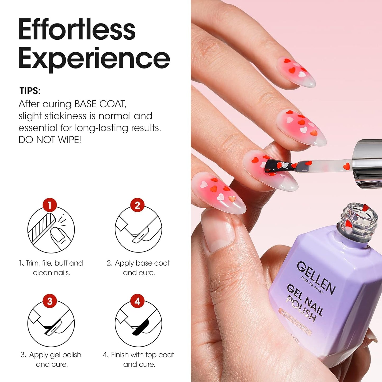 GELLEN Gel Nail Polish, 18ML Clear Nail Polish With Pink & Red Heart Shape, Valentine Gift for Her, Soak Off UV Gel Polish No Wipe, Glitter Gel Nail Polish with Stick DIY at Home