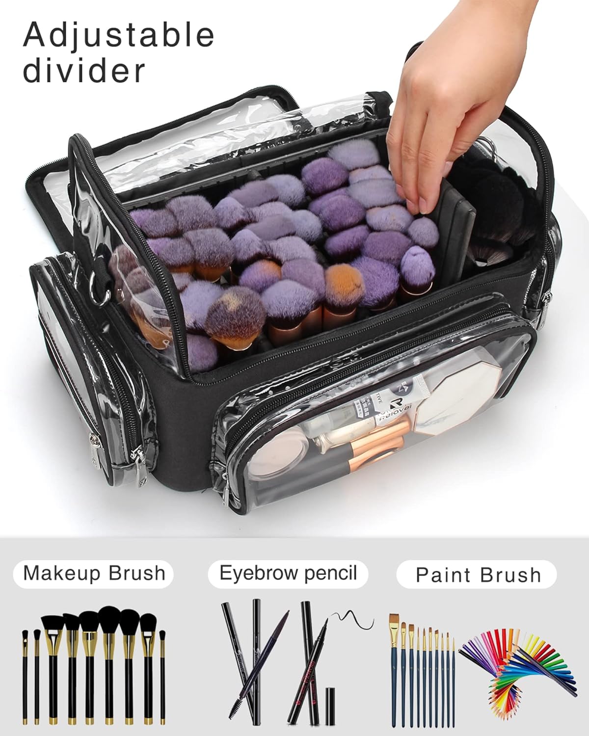 Makeup Brush Bag, Makeup Brush Case for Makeup Artist with Plastic Dividers Washable, Portable Travel Makeup Train Case with Clear Waterproof Cover for Easy to Clean and Find with Adjustable Strap
