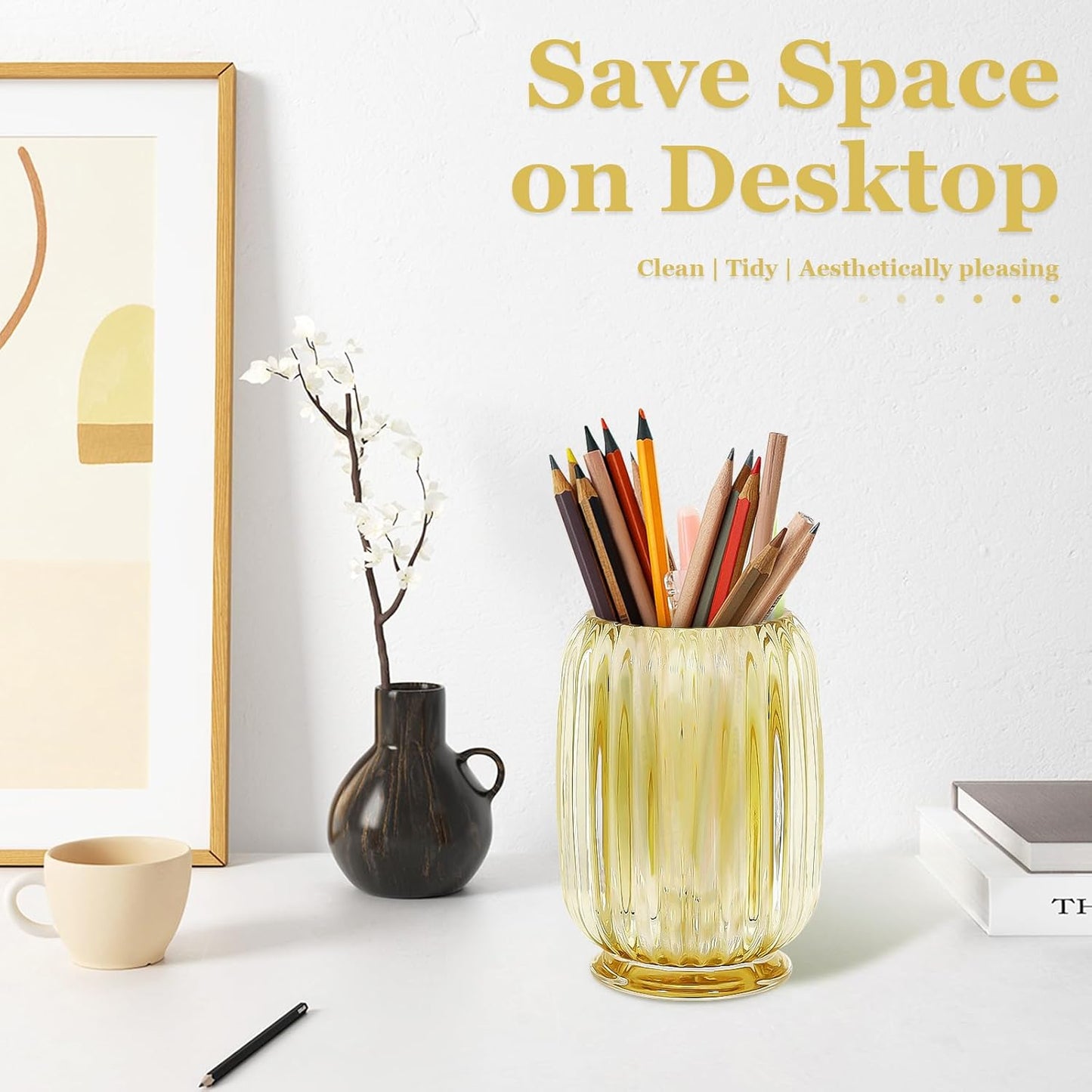 Makeup Brush Holder, Thick Glass Makeup Brush Organizer Cup, 4.8" Tall for Vanity Hair Brush Holder Brushes Storage, Makeup Brush Holder Organizer organizador de brochas de maquillaje Crystal Amber