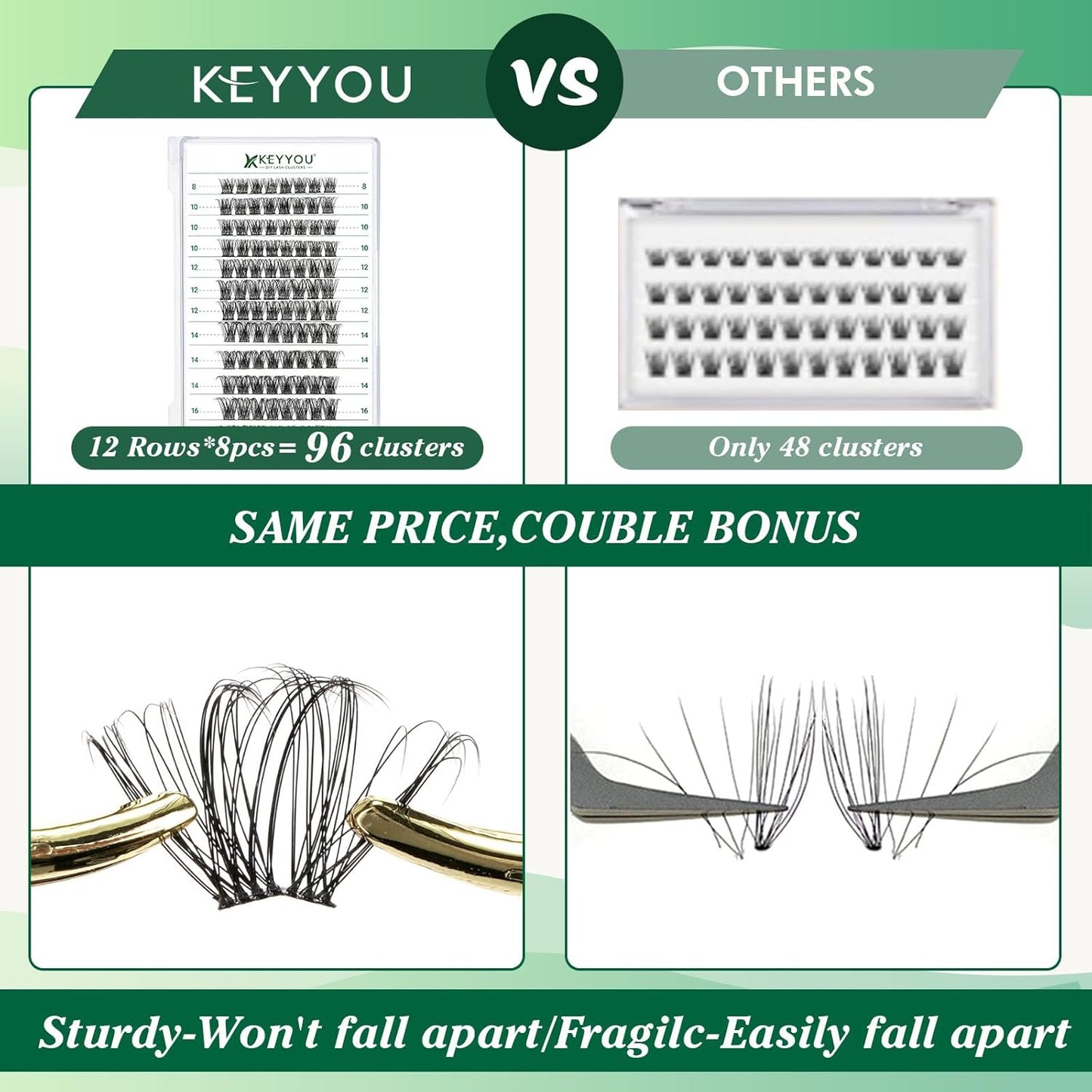 Lash Clusters 96pcs Individual Lashes Y11 D Curl 12mm Cluster Lashes KEYYOU Volume Wispy Lash Extension Soft&Comfortable Easy DIY at Home(Y11 D-12mm)