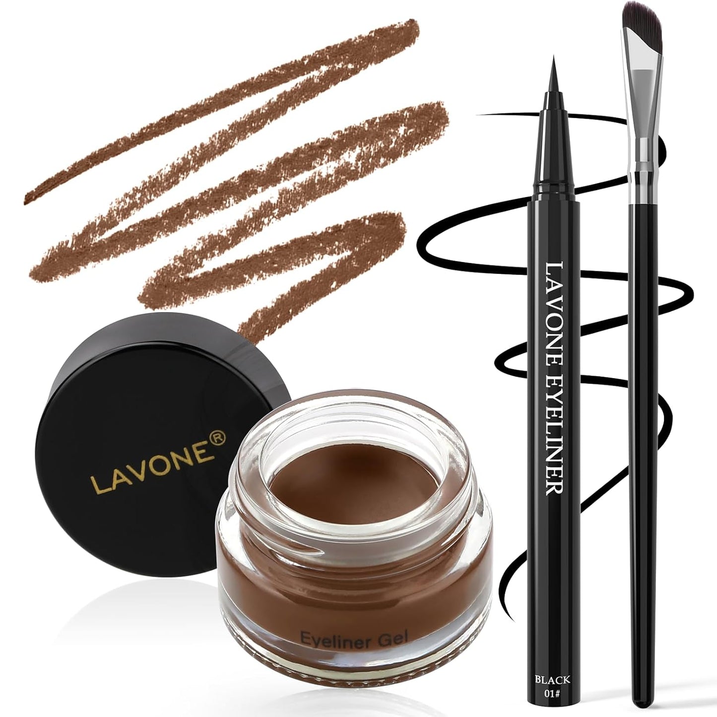 LAVONE Eyeliner Set - Waterproof Makeup Kit with Liquid Eye Liner Pencil, Gel Eyeliner and Angled Eye Liner Brush, Waterproof, Smudge Resistant, Long Lasting Formula - Soft Brown