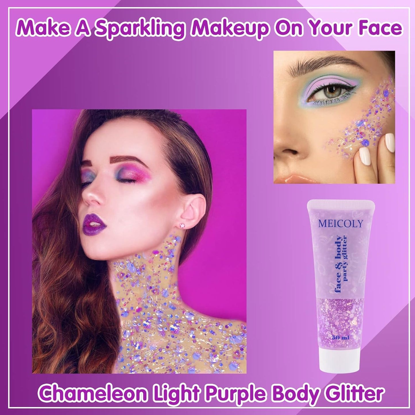 MEICOLY Chameleon Light Purple Body Glitter,Chunky Face Glitter for Halloween,Color Changing Mermaid Face Glitter Gel,Holographic Glitter Sequins for Face Body Hair,Festival Party Cheer Glitter Makeup