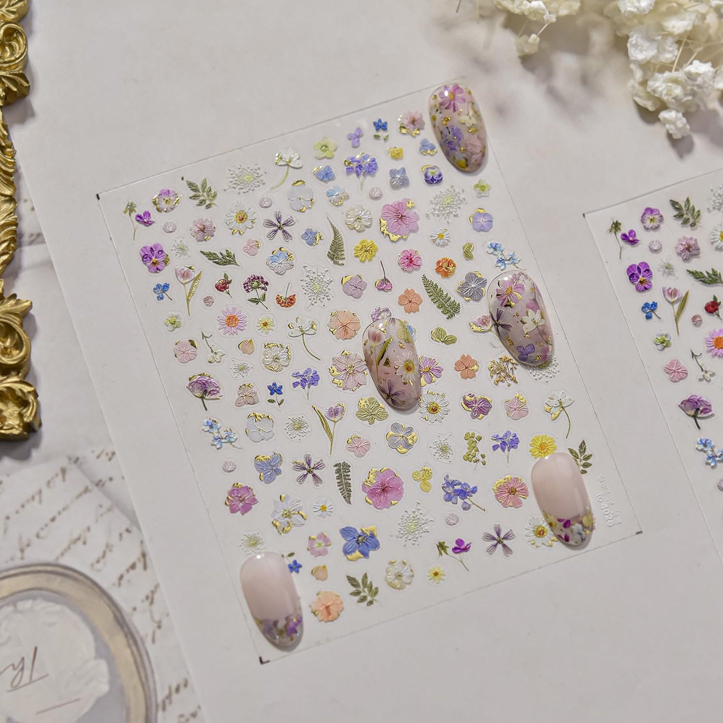 Flowers Nail Art Stickers Colorful Dried Flower Nail Decals 3D Self Adhesive Gold Foil Designs Spring Summer Nail Sticker Daisy Nail Stickers Cute Floral Nail Decal for DIY Nail Art Nails Decor Women