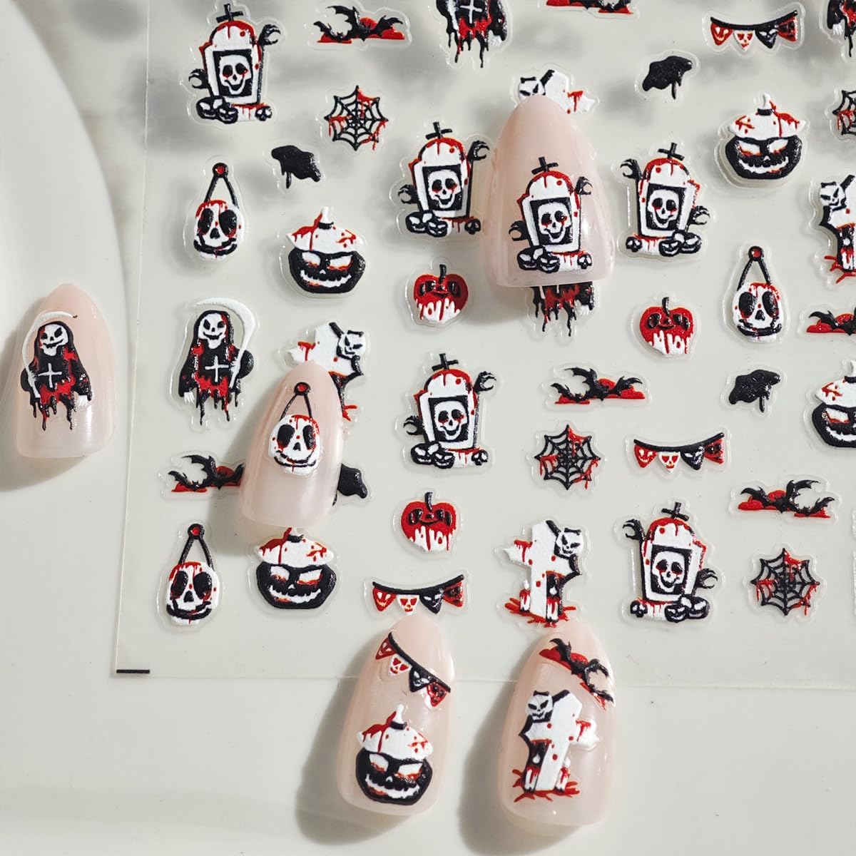 Halloween Nail Stickers Ghost Nail Art Decals with Black White Design 5D Self Adhesive Bat Nail Art Stickers Nails Charms Supply foe Women Girls Kid Horror Manicure Decoration