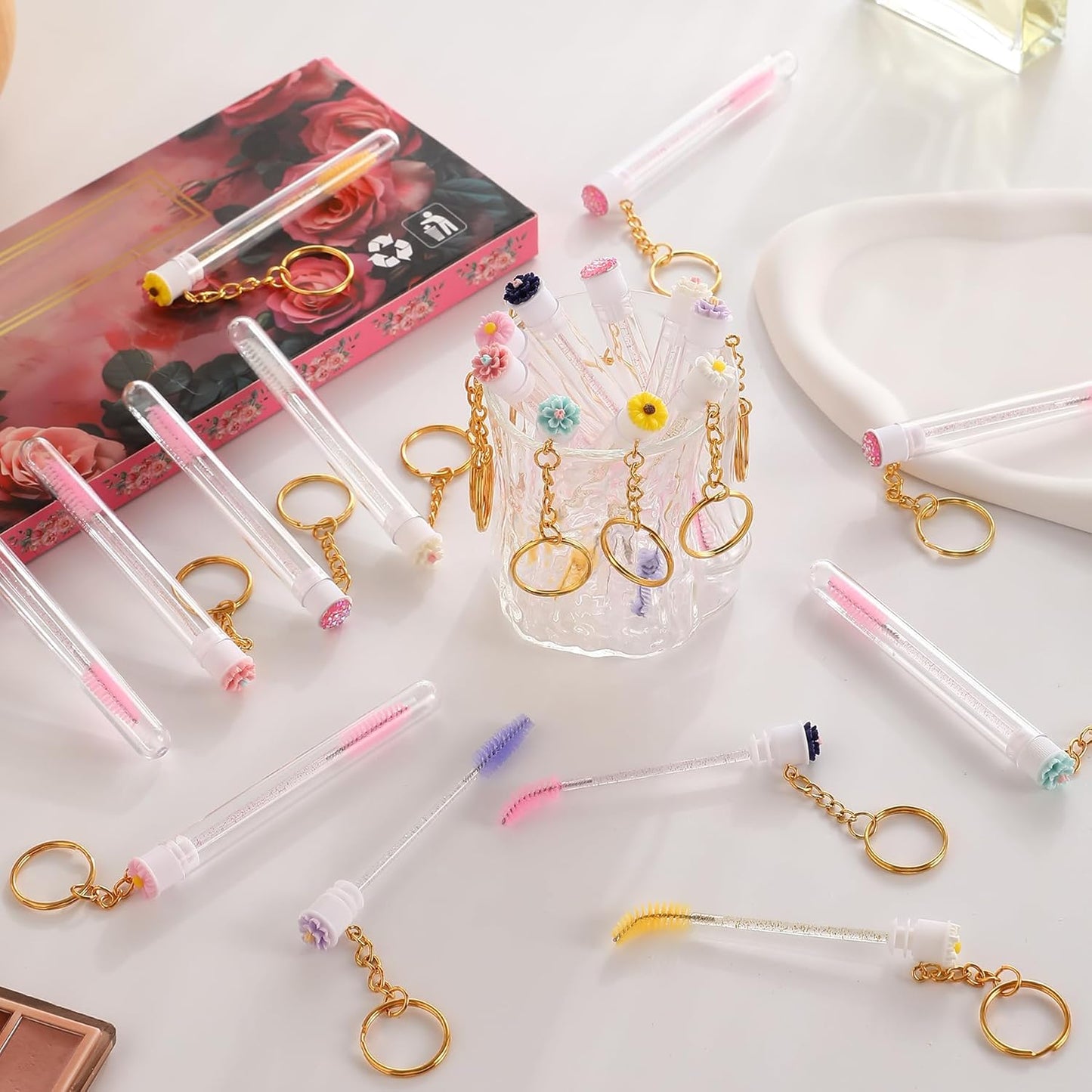 Upgrade 48 Pieces Disposable Mascara Wands Set,Include 24 Pcs Crystal Lash Spoolies Brush 24 Pcs Reusable Keychain Empty Eyelash Brush Tubes Christmas Holiday Gift Women Girls