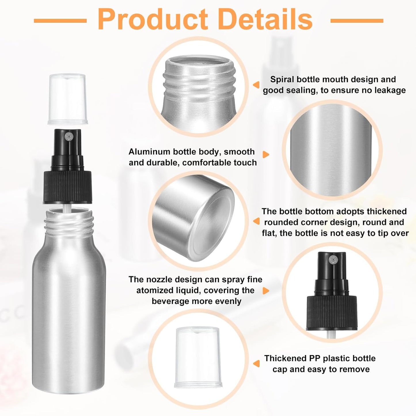 HARFINGTON Aluminum Fine Mist Spray Bottles 50ml/1.7oz Metal Small Liquid Alcohol Refillable Travel Container with Black Plastic Nozzle Cap for Perfume Skincare Cosmetic Storage Bottle