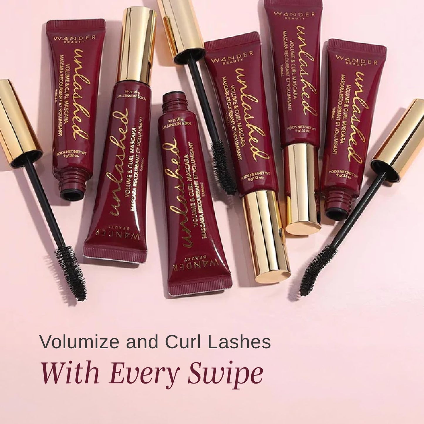 Wander Beauty Unlashed Volume & Curl Mascara - Volumizing, Lash Curling Mascara - 9 in 1 Multitasking Smudge-Proof Black Mascara - Nourish & Reduce Fallout With Peach Leaf, Vitamin E & B5 - 0.31 fl oz