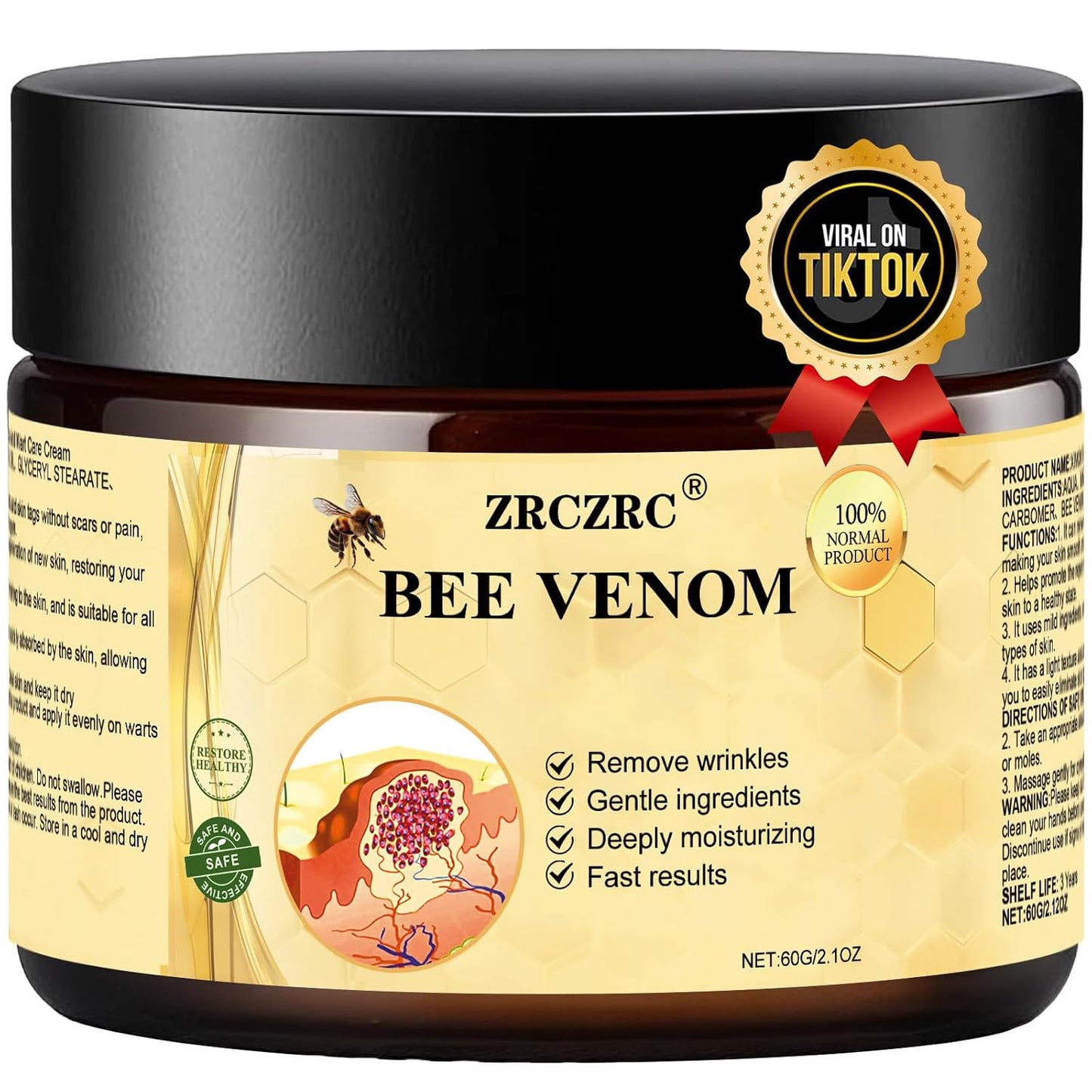 Bee Venom Skin Treatment Cream, Bee Venom Comprehensive Cream, Face lifting and firming, Effective In Reducing Skin Blemishes, Gentle and Non-irritating, Suitable For All Parts 2.1 Ounce (Pack of 1)