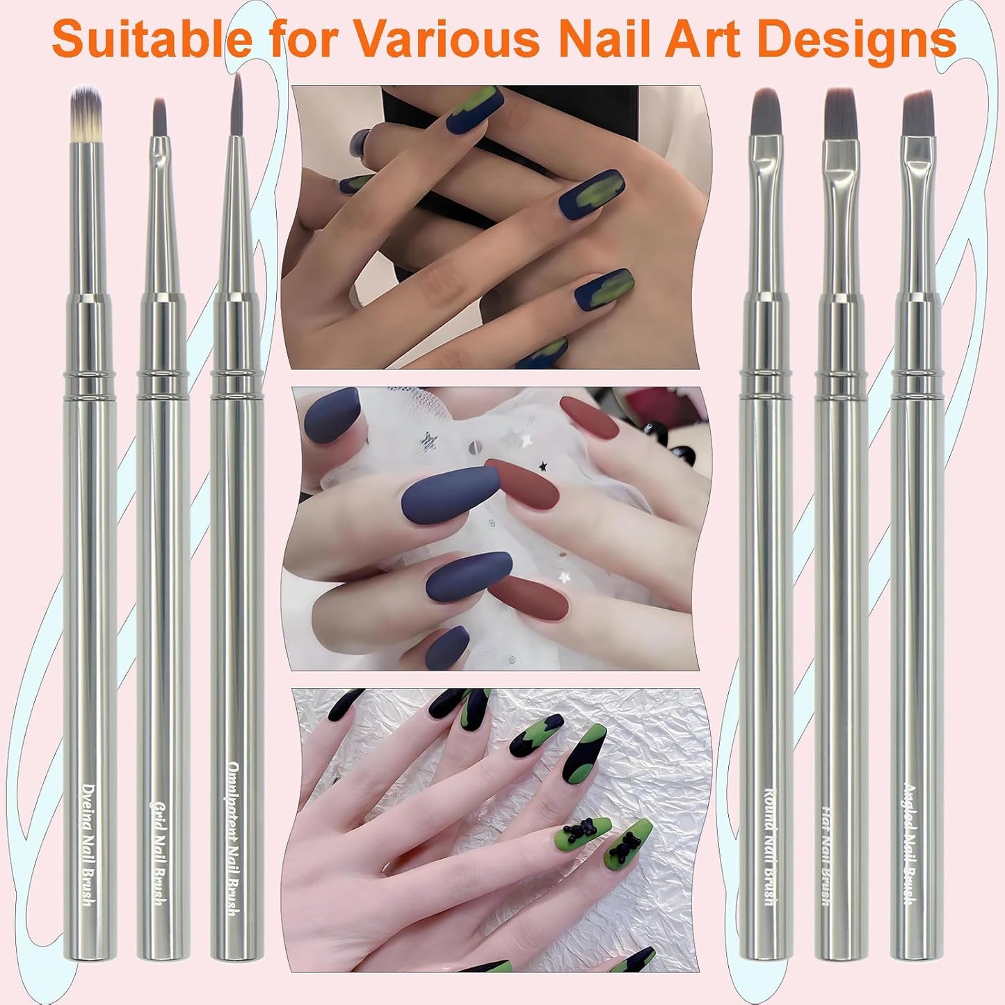MYR 6pcs Nail Art Brushes and 2pcs Nano Nail Files, Metal Nail Art Tools, Acrylic Nail Brushes, Nail Brushes for Nail Art, suitable for Gel Dilution, Halo Dyeing, Watercolor and other Nail Design