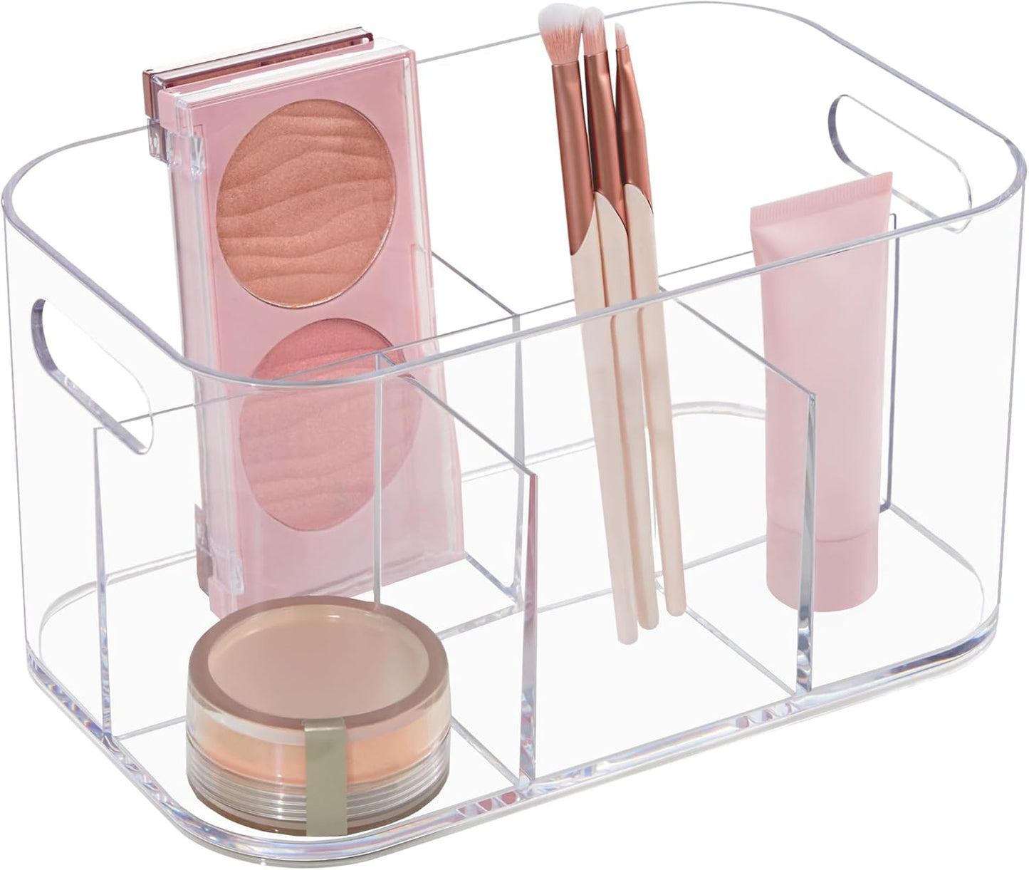 STORi Bliss 5-Compartment Plastic Cosmetics Storage Organizer | Clear | Rectangular Divided Makeup Bin & Vanity Caddy with Pass-Through Handles | Round Corner Design | Made in USA