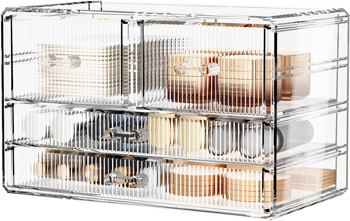 ZHIAI Stackable Storage Drawers, Acrylic Bathroom Counter Organizer Clear Makeup Organizers for Vanity, Kitchen Cabinets, Bathroom, Undersink, Home Organization and Storage (4 Drawers, Pattern D)