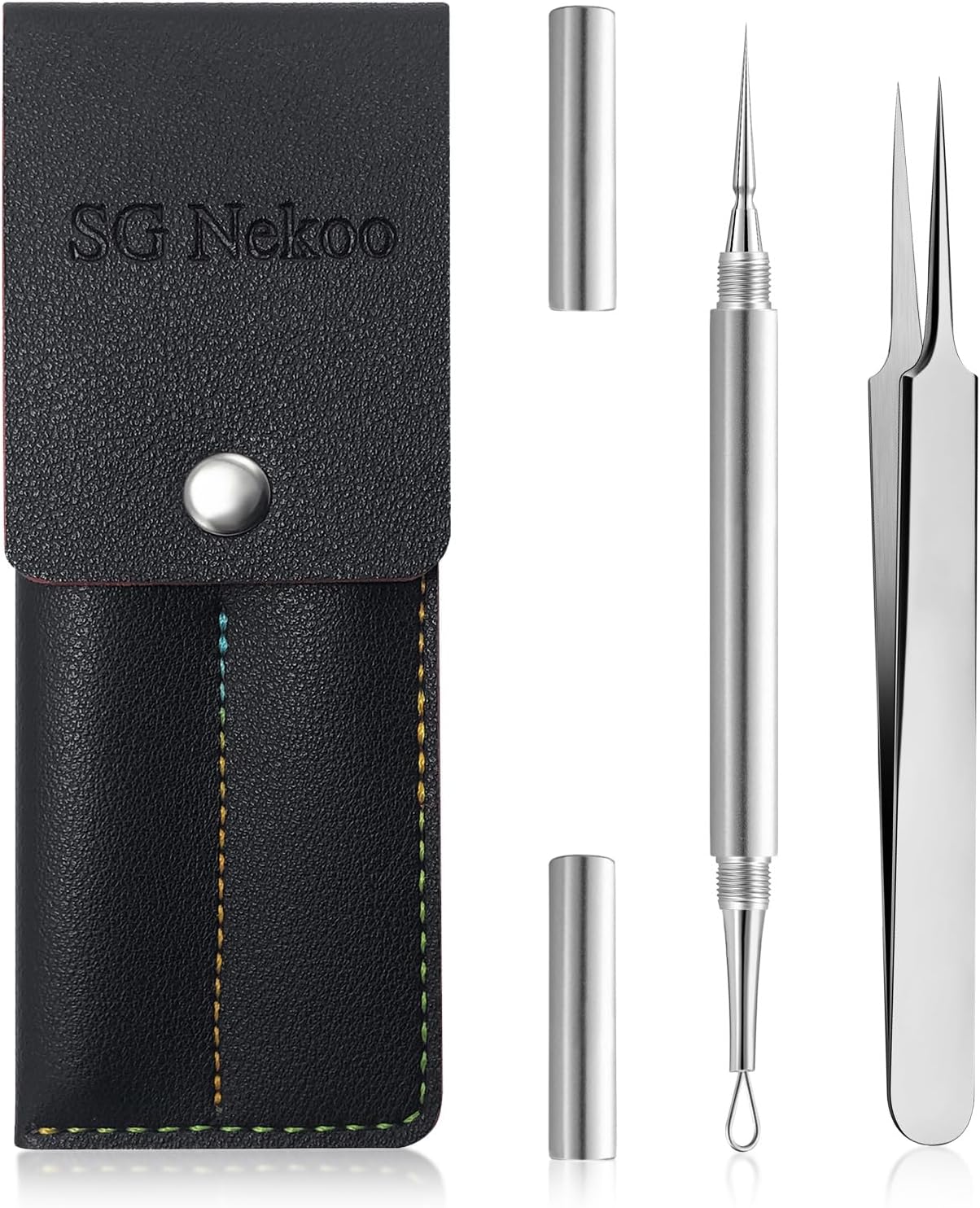 SGNEKOO Professional Facial Milia Removal Tool and Whitehead Extractor,Titanium Alloy Double Ended Needle and Steel Tweezers Kit,Blackhead,Blemish,Zit and Pimple Acne Remover Popper (Stainless Silver)