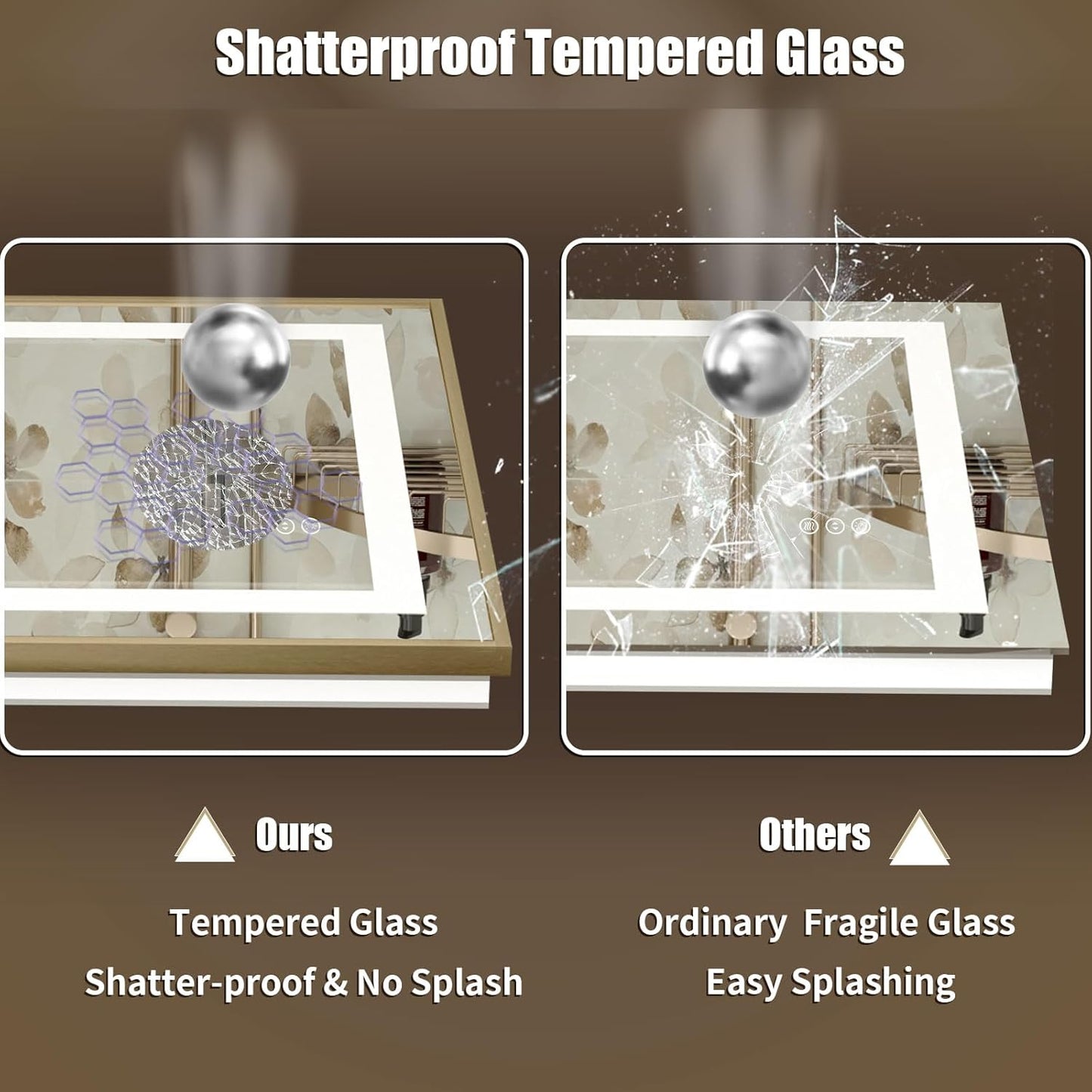 OKPAL 60x28 LED Bathroom Mirror Gold Metal Framed Front Light & Backlit, Lighted Vanity Mirror, Anti-Fog, Dimmable, 3 Colors, Shatterproof, ETL Listed, Horizontal/Vertical