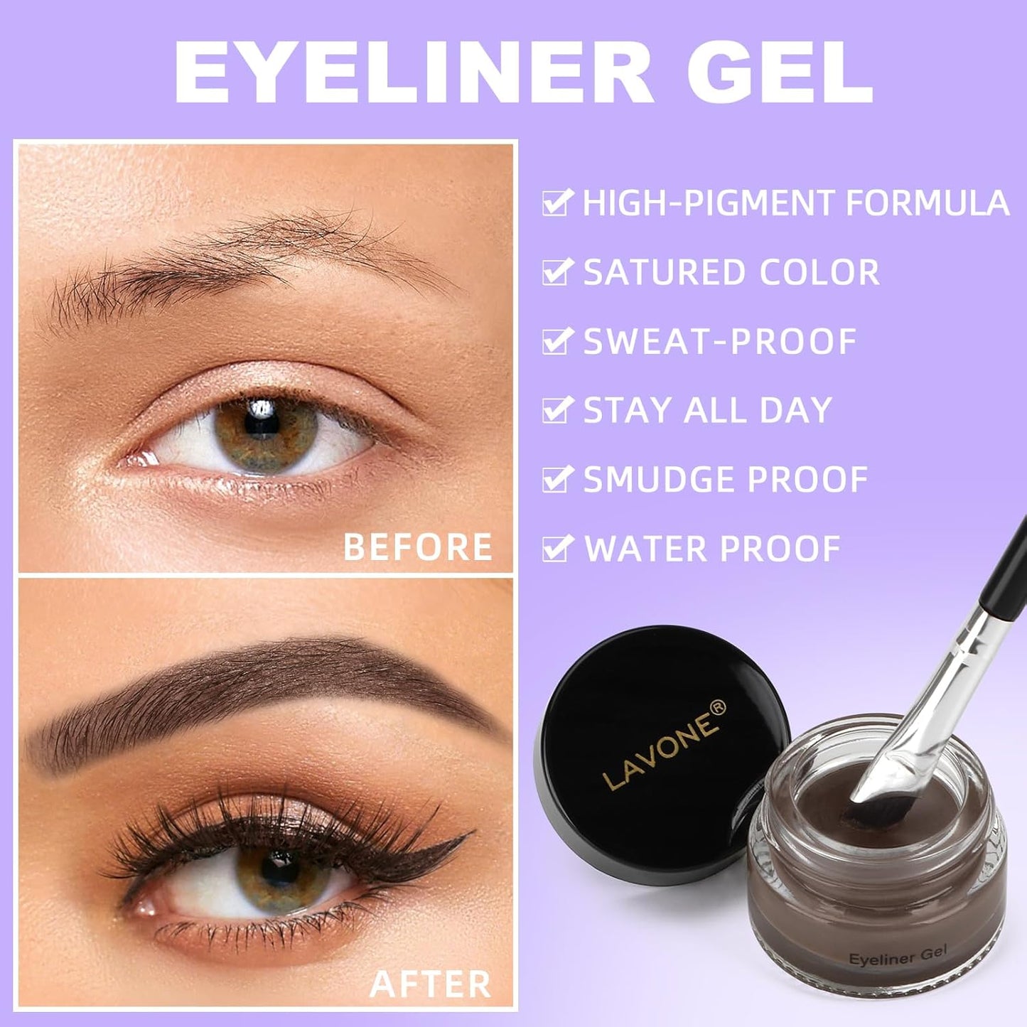 LAVONE Eyeliner Set - Waterproof Makeup Kit with Liquid Eye Liner Pencil, Gel Eyeliner and Angled Eye Liner Brush, Waterproof, Smudge Resistant, Long Lasting Formula - Black Brown