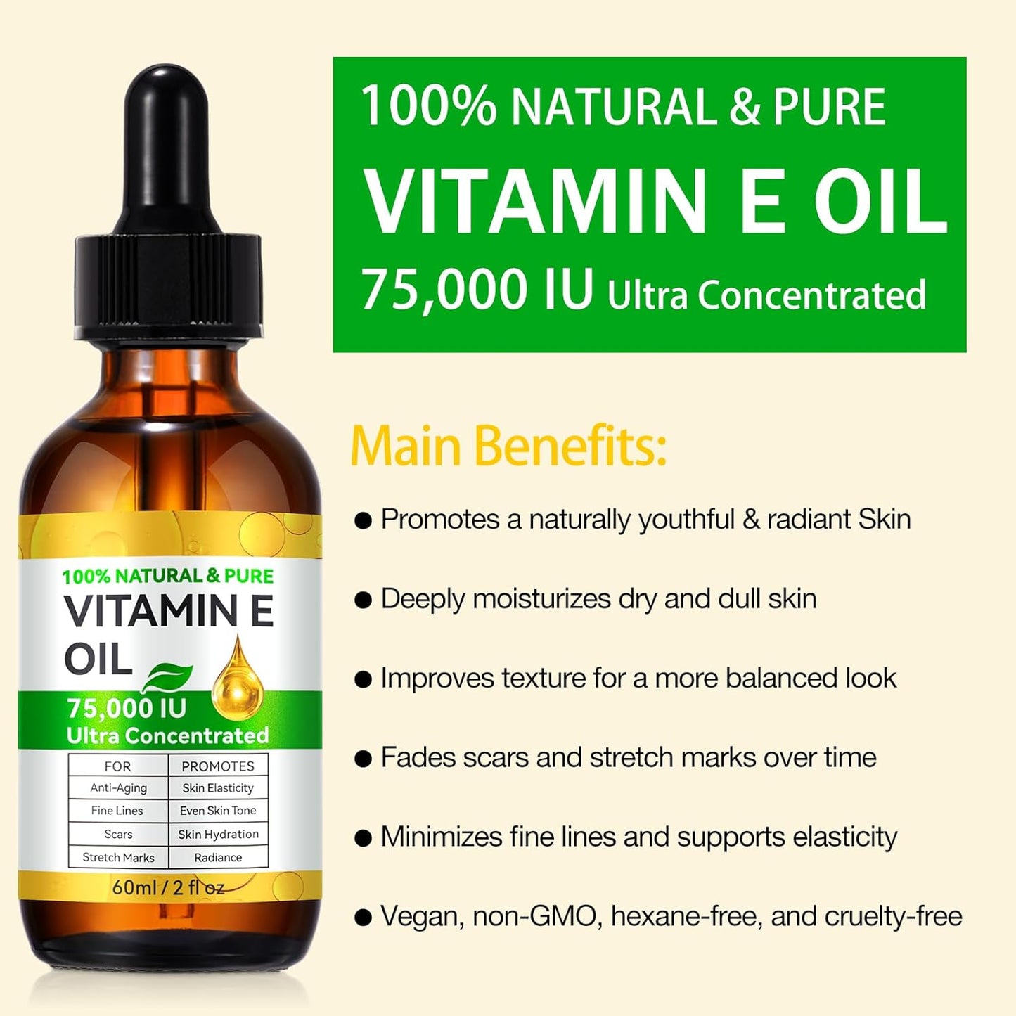 Essential Vitamin E Oil for Skin,Face,75000 IU Pure Vitamin E Body Oil for Women Girls 4 Oz