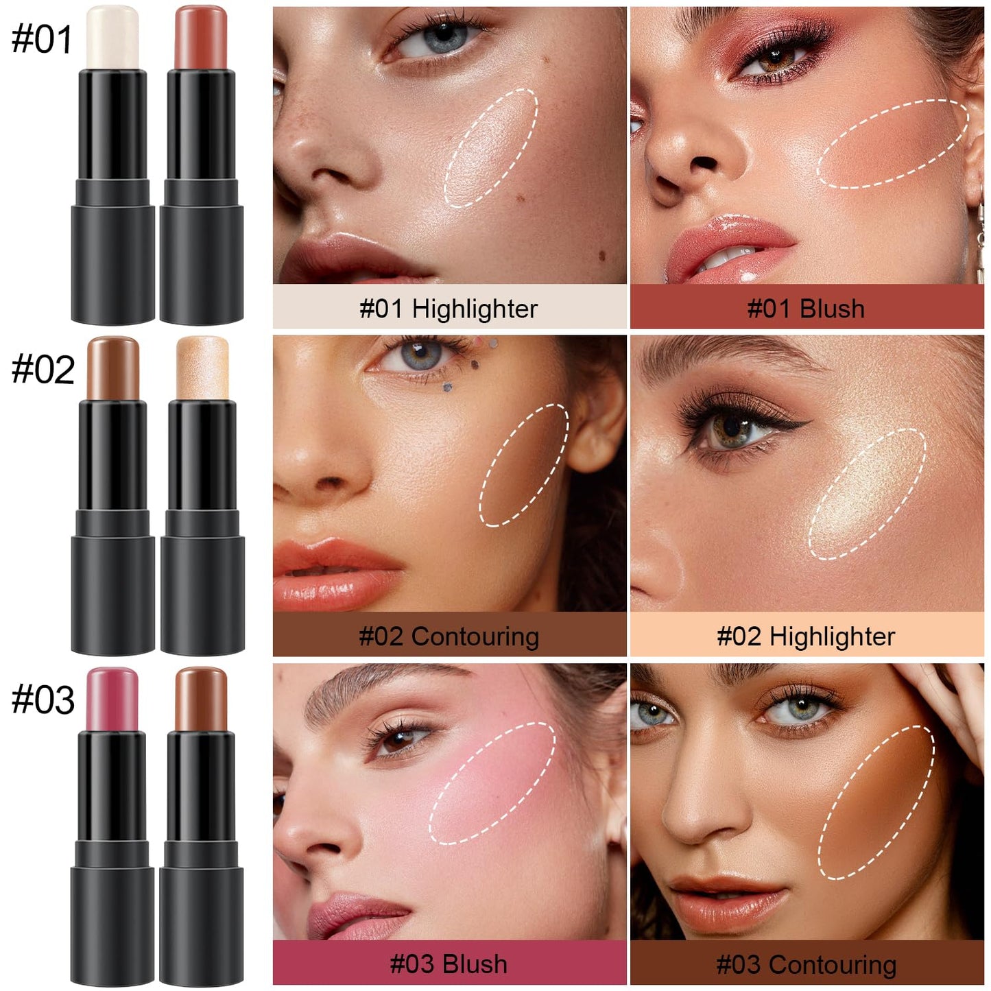 6 Colors Cream Contour Stick Makeup Kit, Shades with Highlighter, Blush and Double-End Bronzer Contour Stick for Sculpt the Cheeks, Long Lasting, Waterproof, Matte & Dewy Finish(SET C)