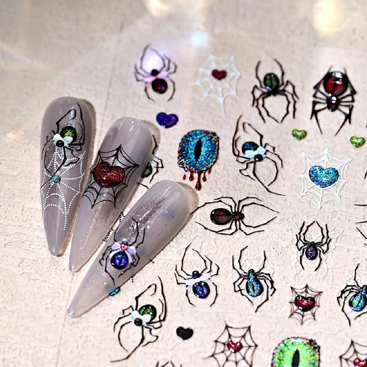 Halloween Nail Stickers 3D Self-Adhesive Goth Nail Art Stickers Black Spider Web Spider Heart Glitter Design Halloween Acrylic Nail Art Decoration Cute Horror Nail Decals for Women Acrylic Nails DIY