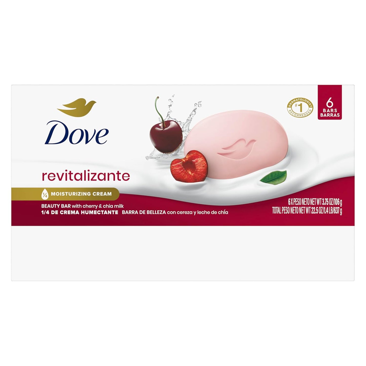 Dove Beauty Bar Soap Revitalizante Cherry & Chia Milk, for Revitalized Skin, 6 Bars A Skin Energy Boost 3.75 oz