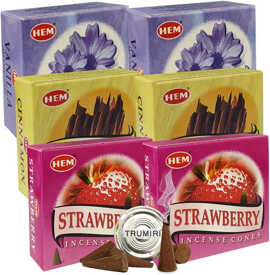 Vanilla Cinnamon Strawberry Incense Cones & Holder Bundle Variety Pack From Hem Trumiri Insense Insence
