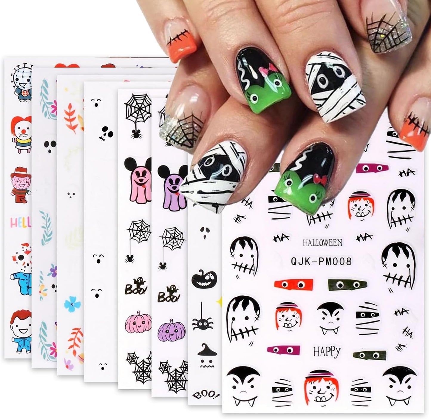 Halloween Nail Art Stickers 8 Sheets Cute Ghost Pumpkin 3D Self-Adhesive Nail Decals Q-Version Horror Movie Characters Skull Spider Web Nail Decorations Fall DIY Nail Supplies for Women Girls&Kids