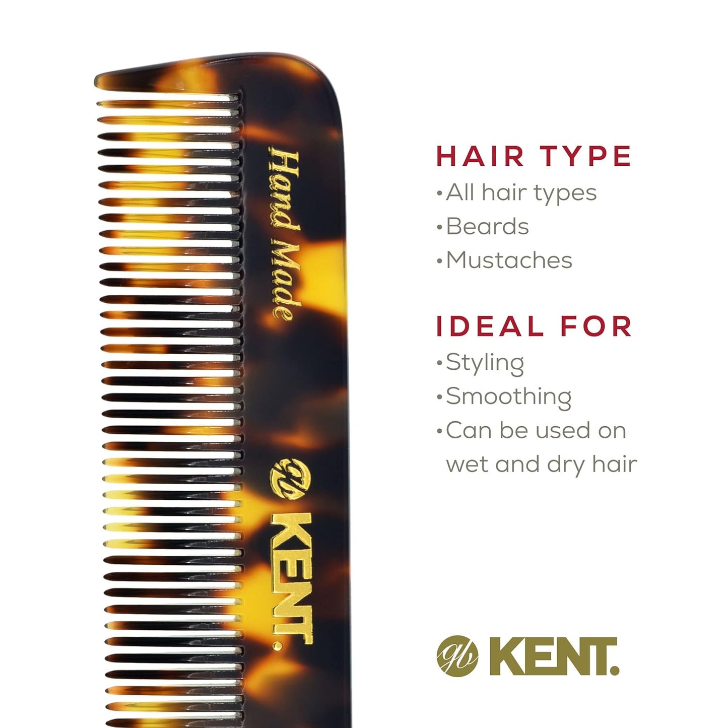 Kent FOT TY Fine Tooth Comb for Men - Handmade Pocket Comb for Travel, Styling, Fine or Thinning Hair, Mustache and Beard Care Handpolished Saw-Cut Made in England