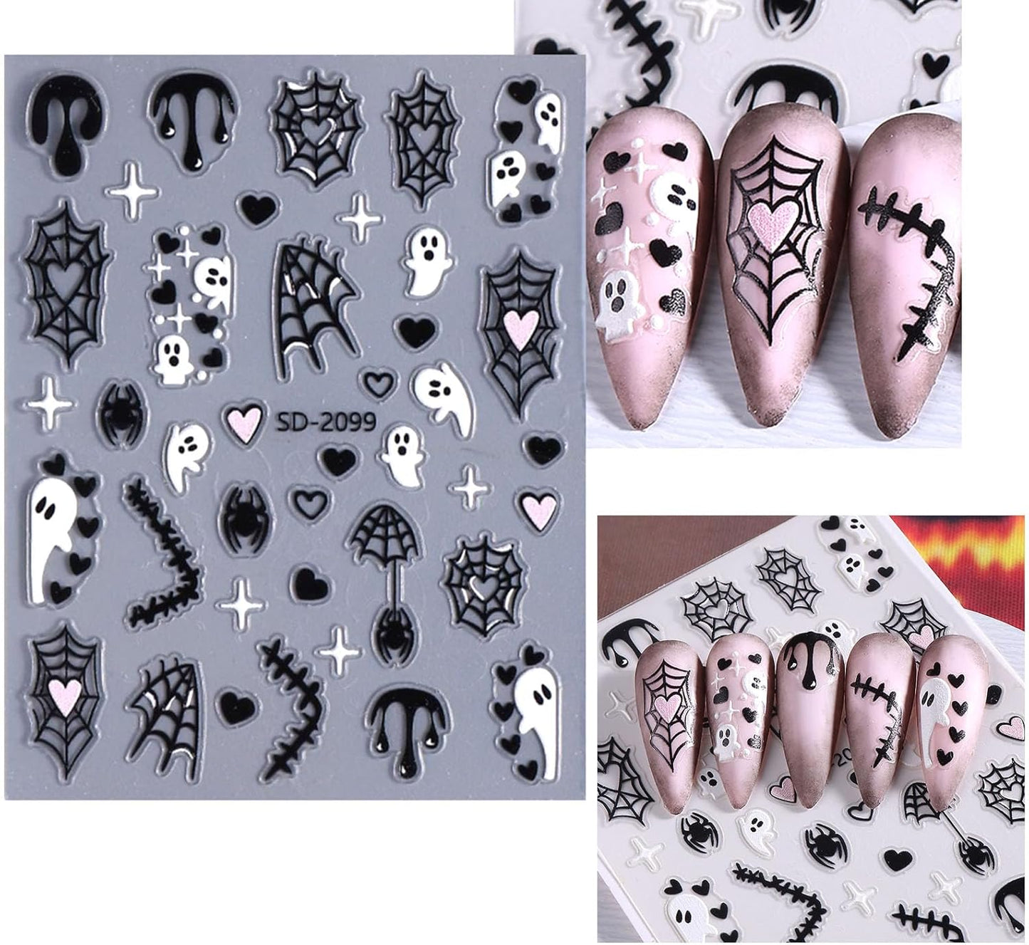 Halloween Nail Stickers Cute Ghost Nail Decals 5D Self Adhesive Pumpkin Spider Web Bat Blood Drop Stars Moon Nail Art Design Stickers for Women Girls 6 Sheets