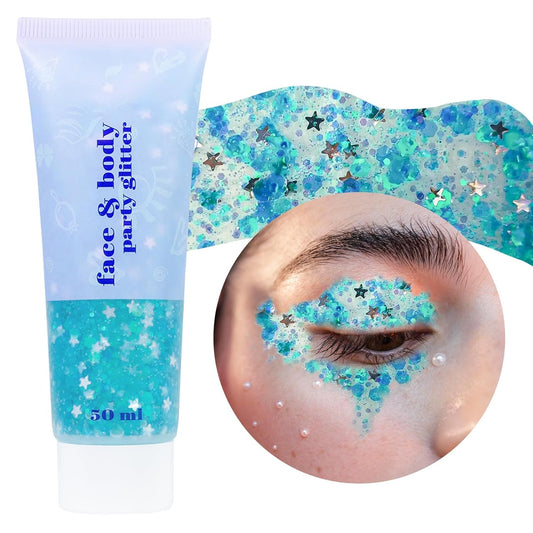 DAGEDA Body Glitter Gel, Face Glitters Body Gel Sequins Shimmer Liquid Eyeshadow, Chunky Glitter for Face Hair Nails, Holographic Cosmetic Laser Powder Festival Glitter Makeup 1.7oz (Lake Blue)