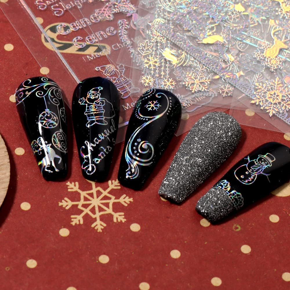 9 Sheets Aurora Christmas Nail Art Stickers Decals Self-Adhesive Pegatinas Uñas Glitter Rose Gold Snowflakes Winter Nail Supplies Nail Art Design Decoration Accessories